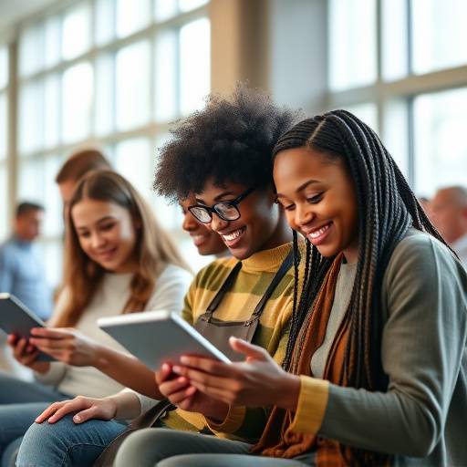 Illustration depicting inclusivity and accessibility with people of diverse abilities using technology.